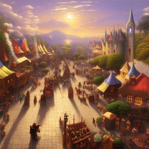 Renaissance Medieval Market Scene in Morning Sunshine