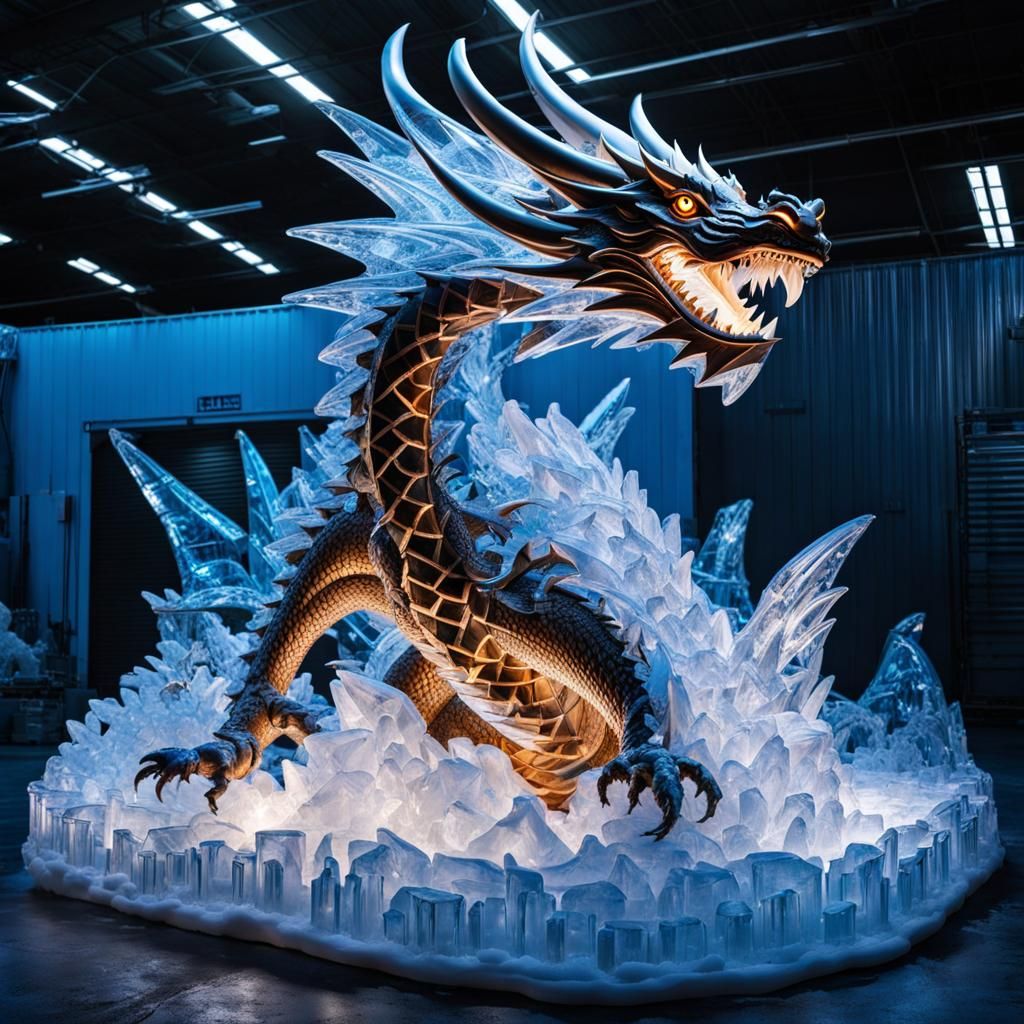 Intricate Ice Dragon Sculpture in Warehouse