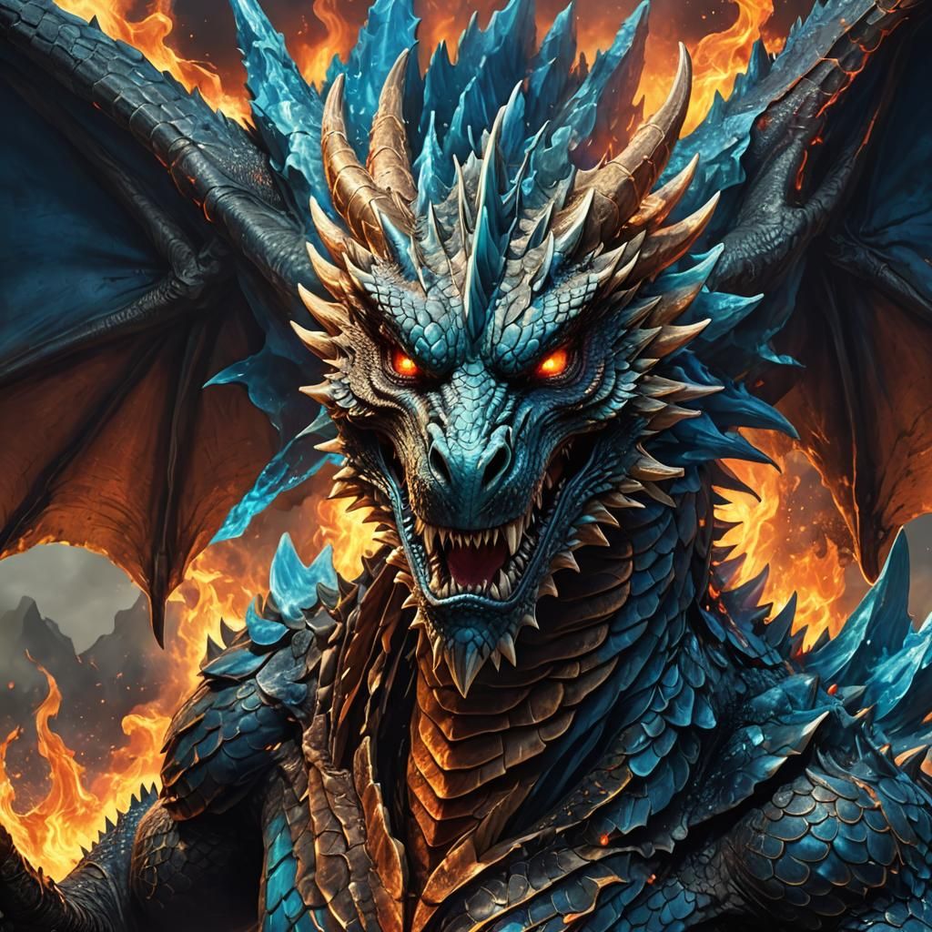 Dragon on Azure Volcano: A Digital Painting