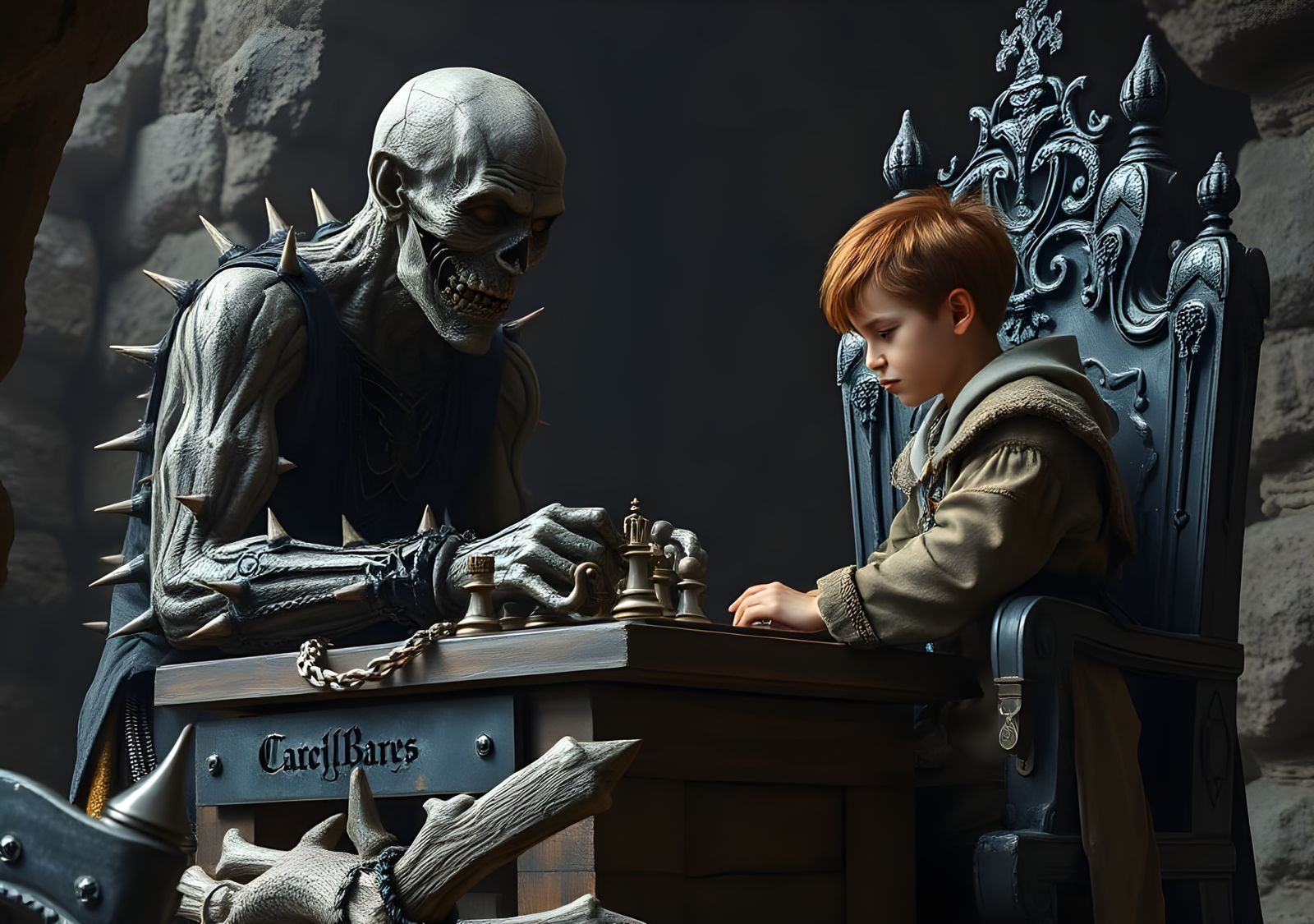 Lich Plays Chess with Boy in Cave Setting