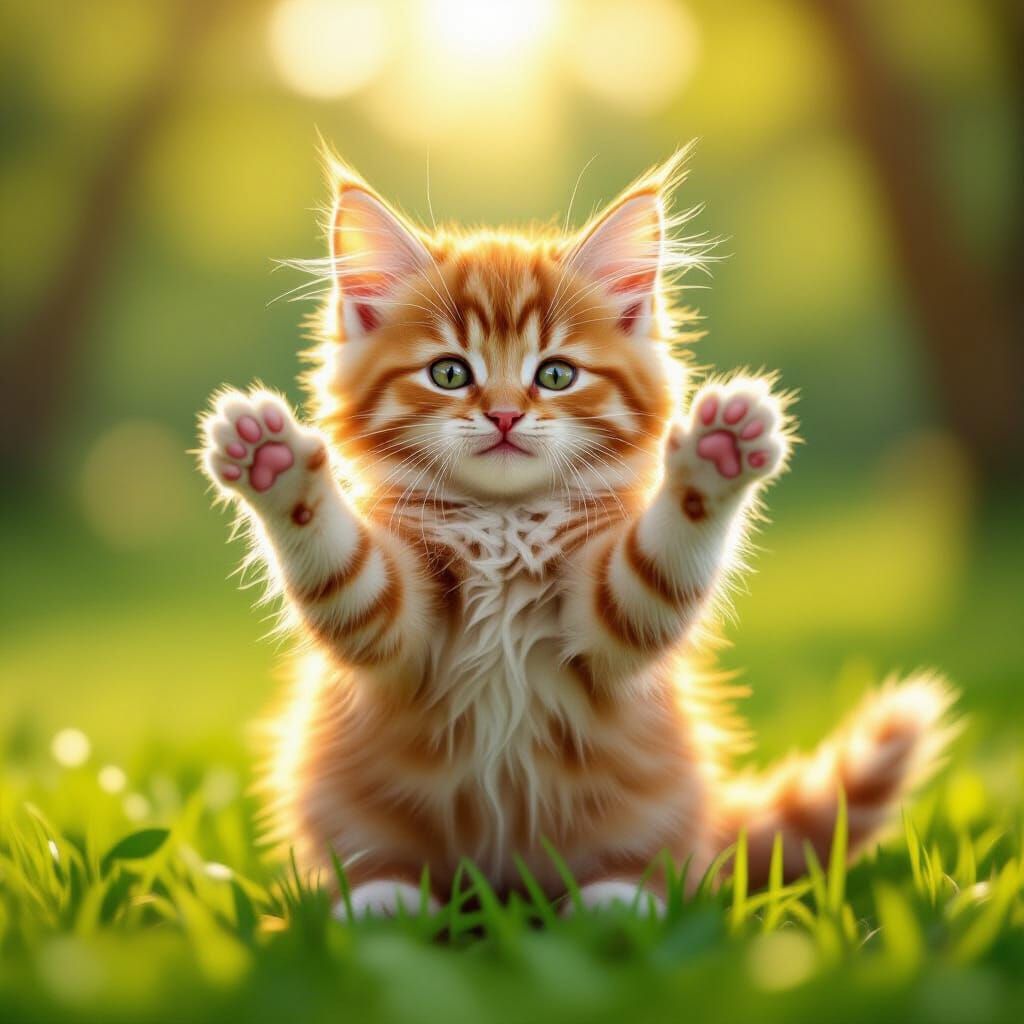 Fluffy Ginger Kitten Offers Peace Sign in Sunny Park