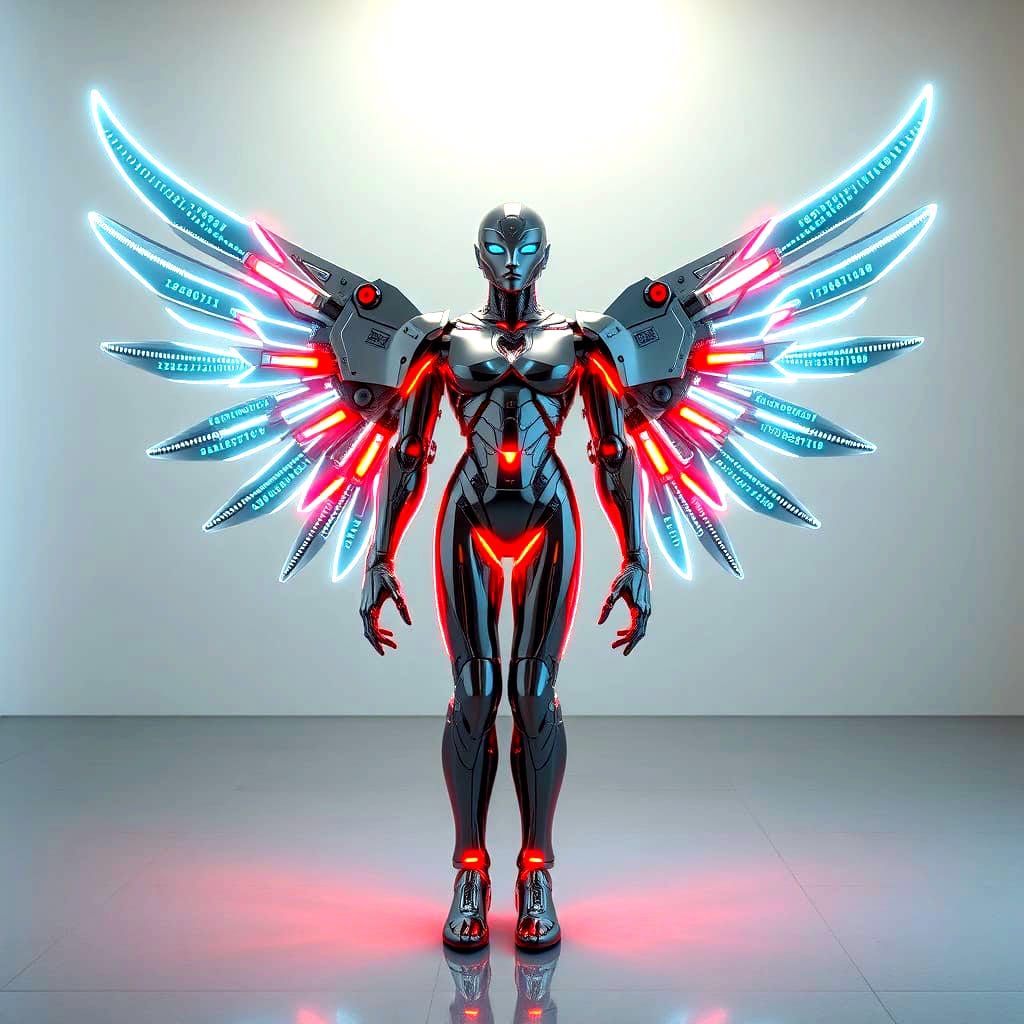 Cybernetic Angel Sculpture in Sleek Futurism Style