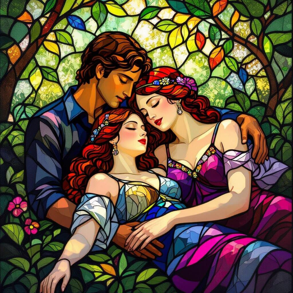Sensual Stained Glass Couple in Garden, Tiffany Style