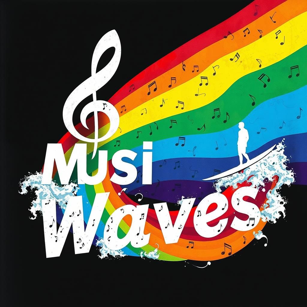 Surreal Rainbow Music Wave with Treble Clef Surfer