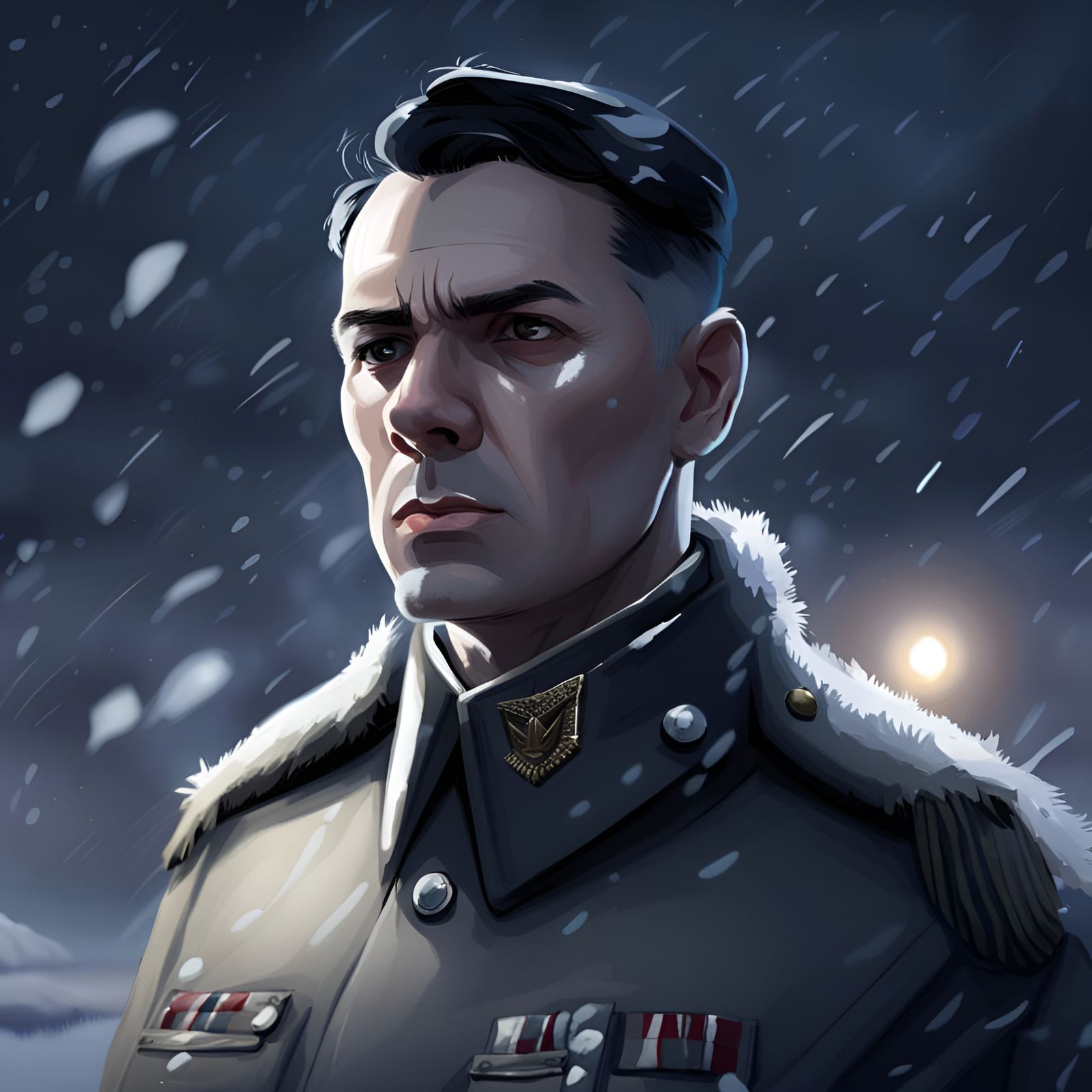 Military Leader Addresses Troops in Snow, Hyperrealistic Por...