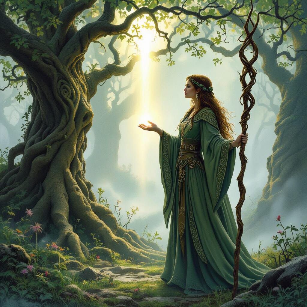 Druidess in Sunlit Grove: A Magical Realism Scene