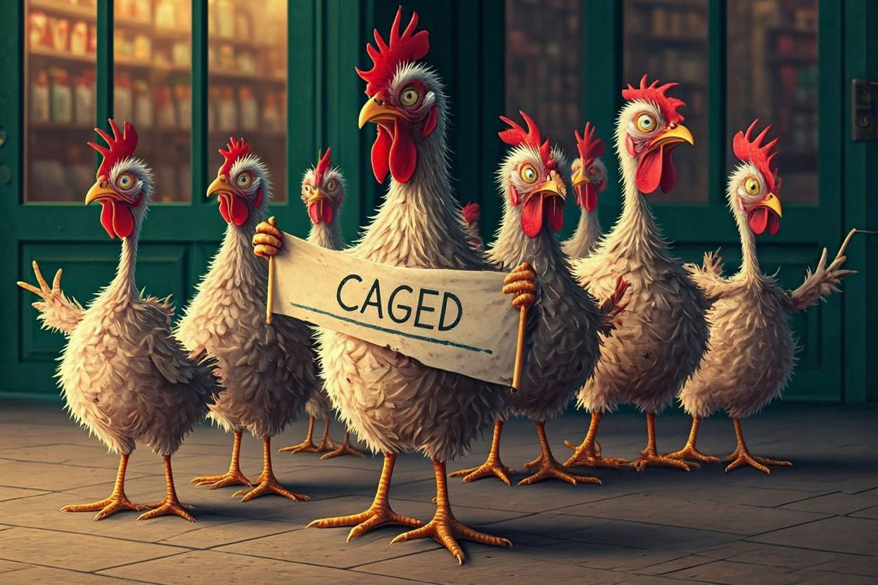 Grumpy Chickens Protest Against Cages