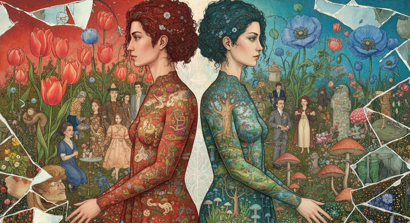 Surreal Garden Party with Man, Woman and Flowers