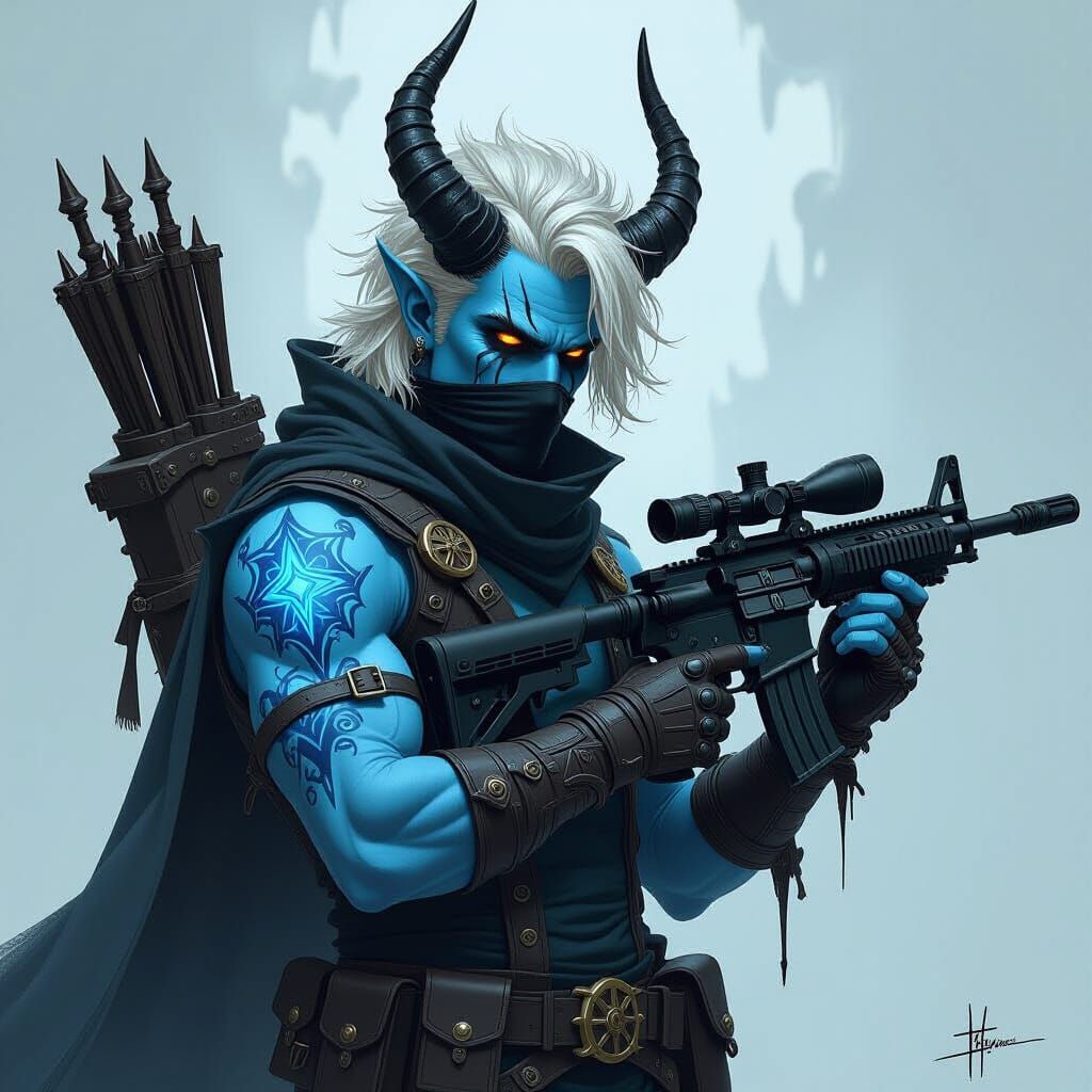 Blue-Skinned Magic Gunslinger with Bone Sniper Rifle