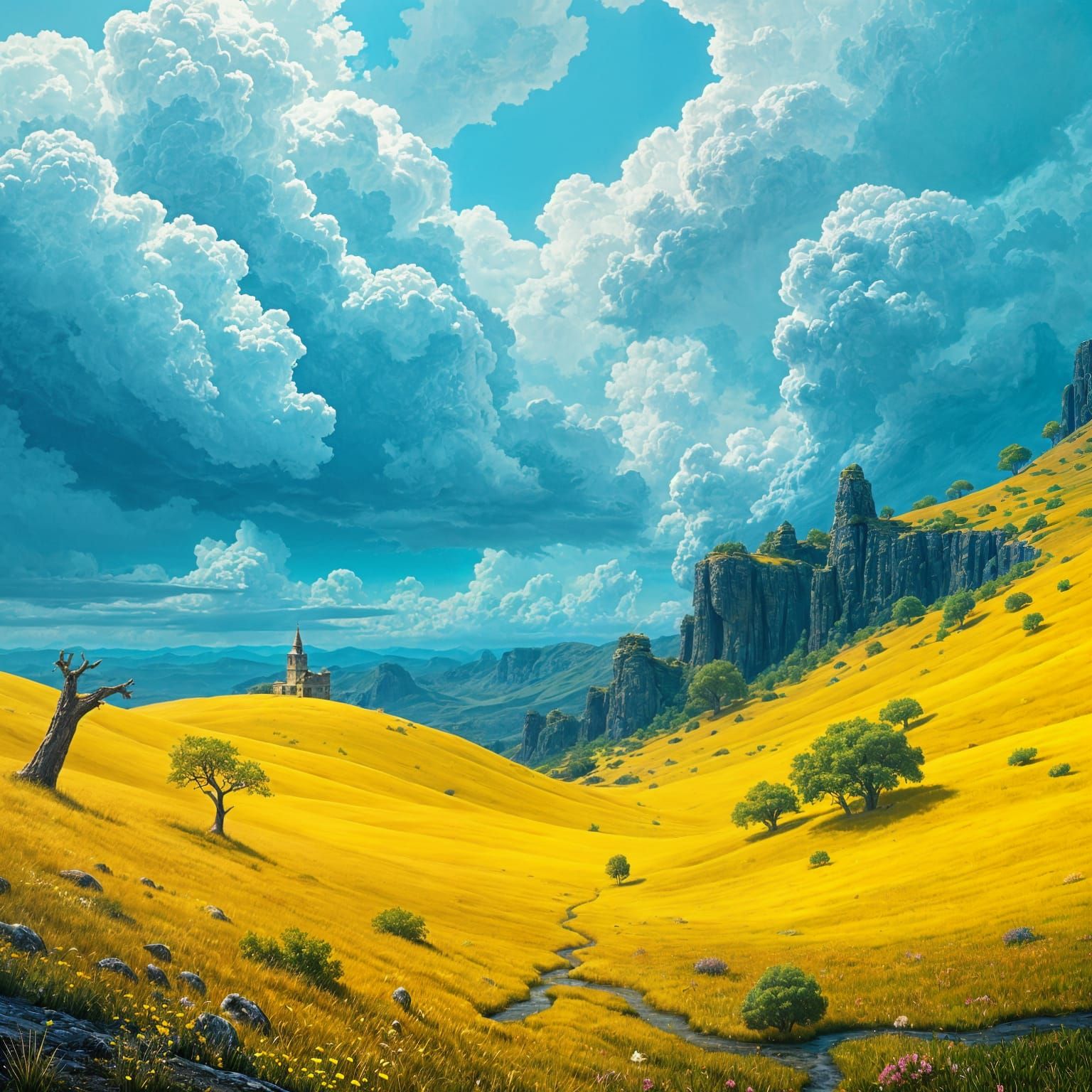 Vibrant Fantasy Realm in Golden Hues