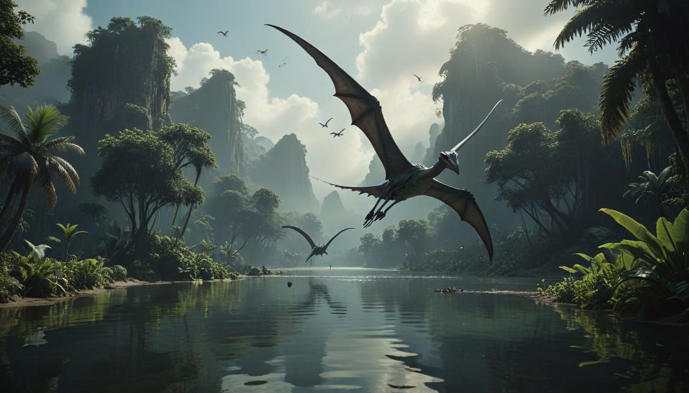 Pterodactyls Soaring Over Tranquil Lagoon: Adventure Film Sc...