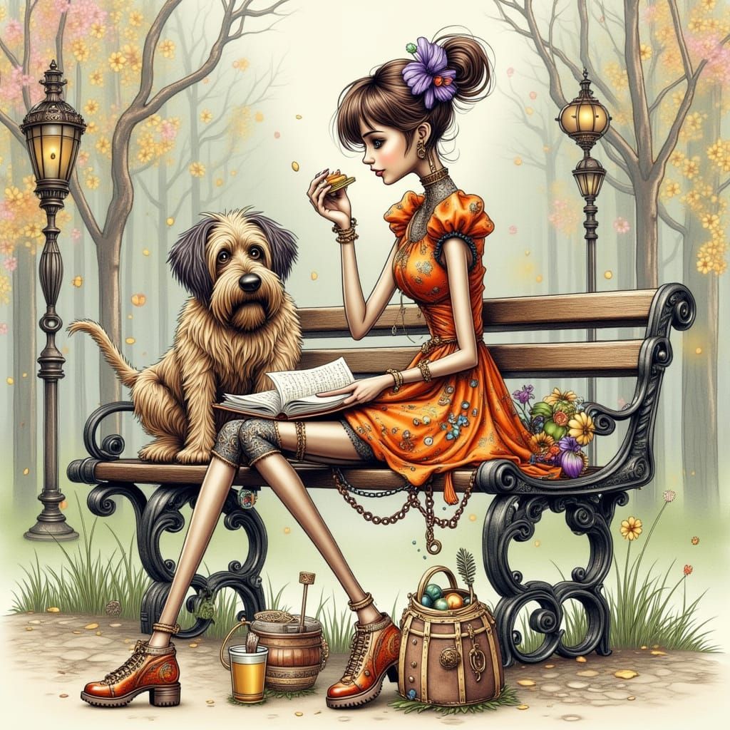 Girl and Dog in Whimsical Steampunk Spring