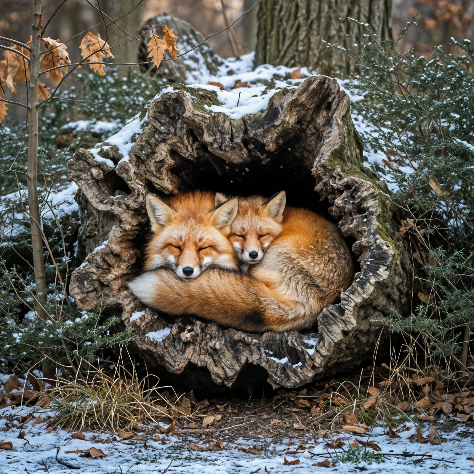 Foxes Cuddle in Winter Tree Hollow