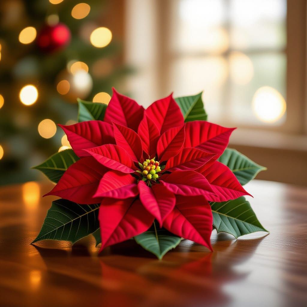 Hyper-Realistic Poinsettia on Festive Holiday Table