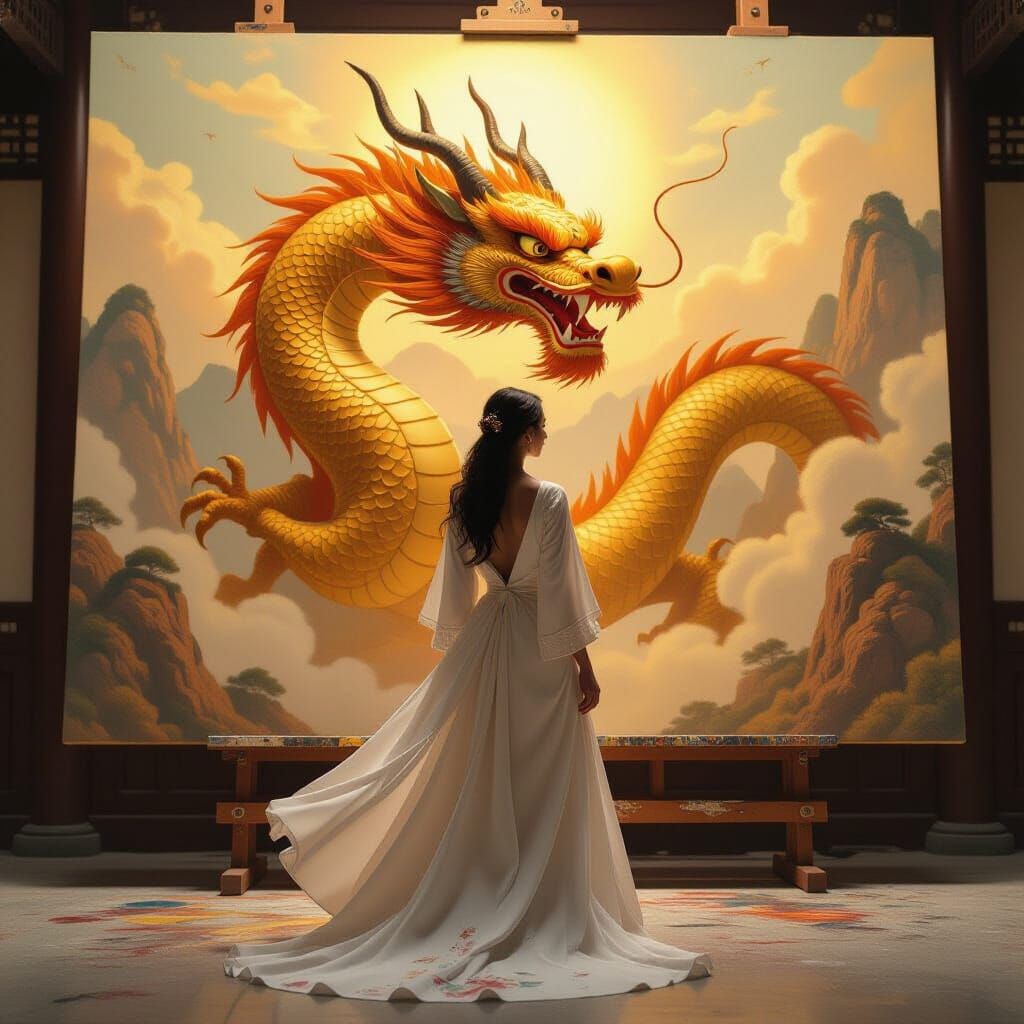 Majestic Golden Dragon Painting in Oil Style