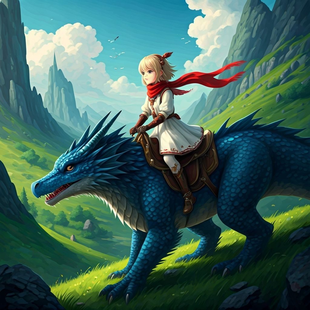 Girl Rides Dragon in Mystical Anime Landscape