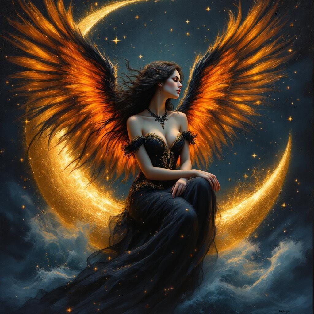 Enchantress with Fire Wings on Moonlit Ocean