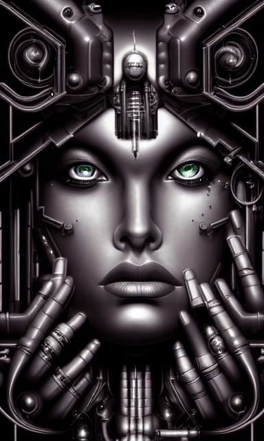 Cyborg Woman in Neon City: Hyperrealistic Noir Art