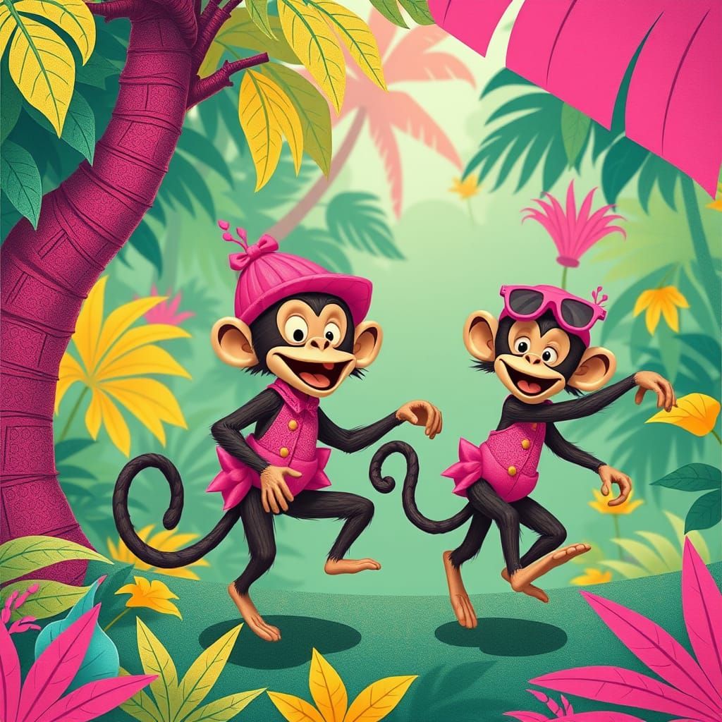 Vibrant Jungle Monkeys in Whimsical Pink Attire