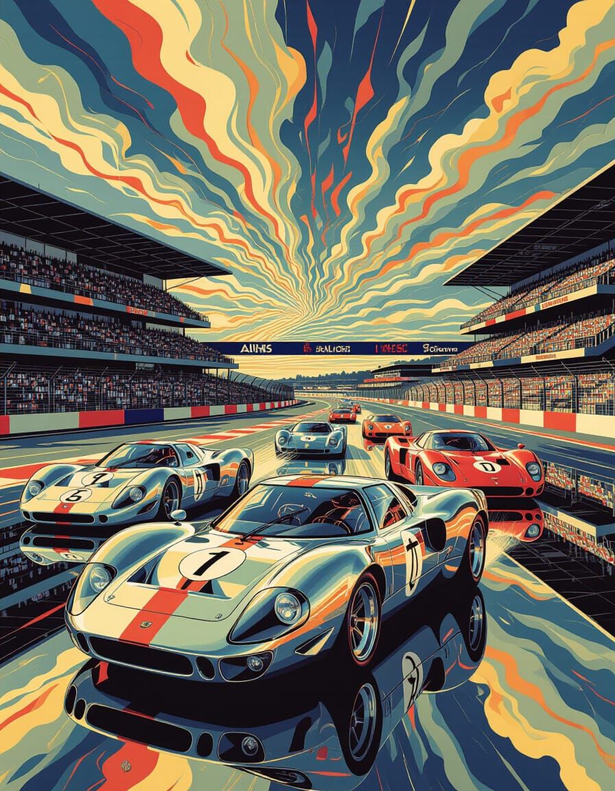 Retro Le Mans Race Cars in Metallic Hues