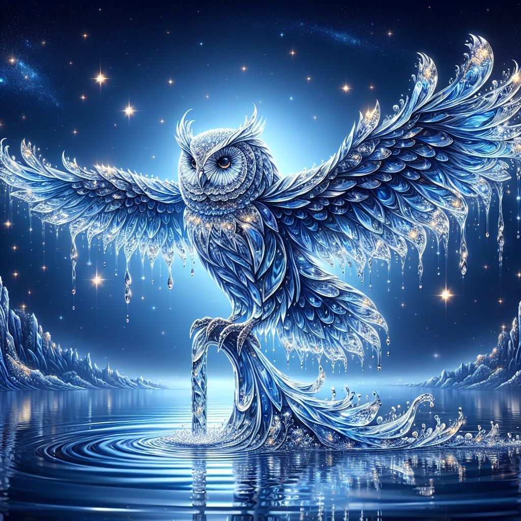 Regal Water Owl Takes Flight Under Starry Night Sky