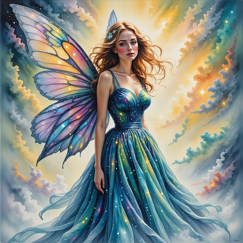 Fairy in Iridescent Dress as Impasto Gouache