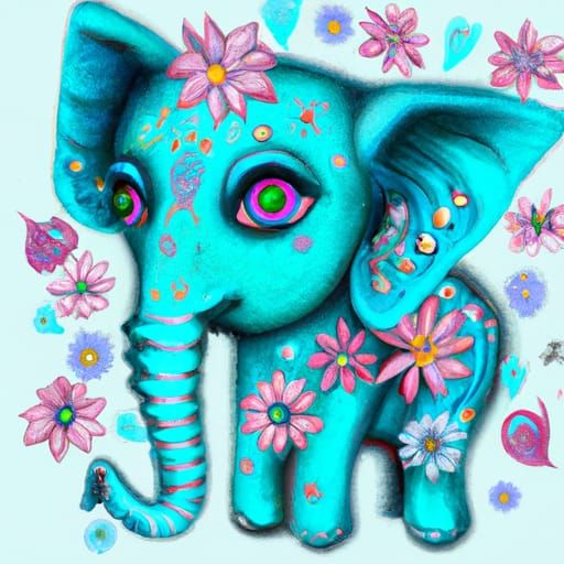 little blue elephant with flowers, big blue eyes, cuteness overload hyperdetailed intricately detailed splash art pastel...