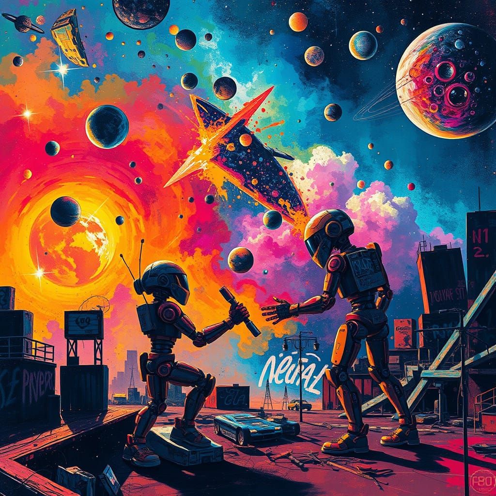 Vibrant Cosmic Cityscape with AI-Powered Graffiti