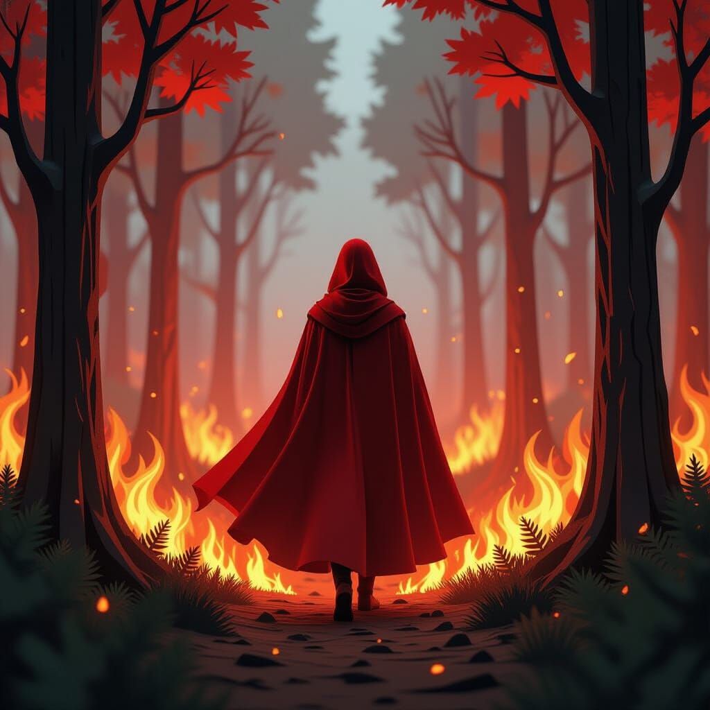 Red Cloaked Figure in Fiery Forest as 3D Papercut