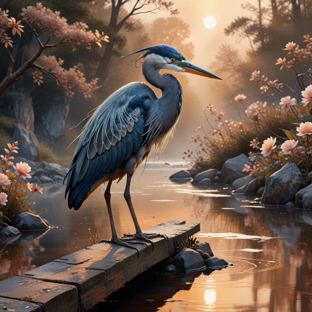 Alcohol-ink twilight tableau: a graceful heron poised atop a...