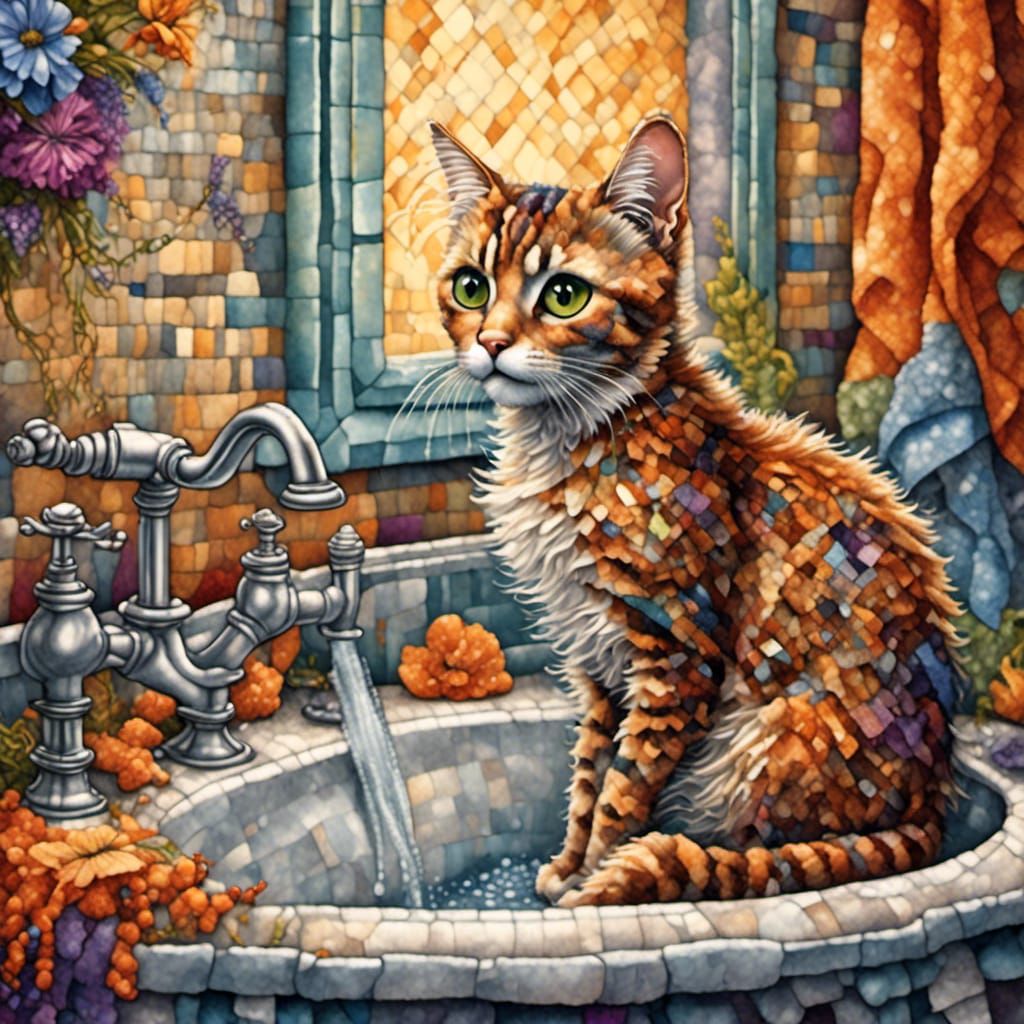 Cute Tabby Cat in Sink - Surreal Hyperrealistic Art