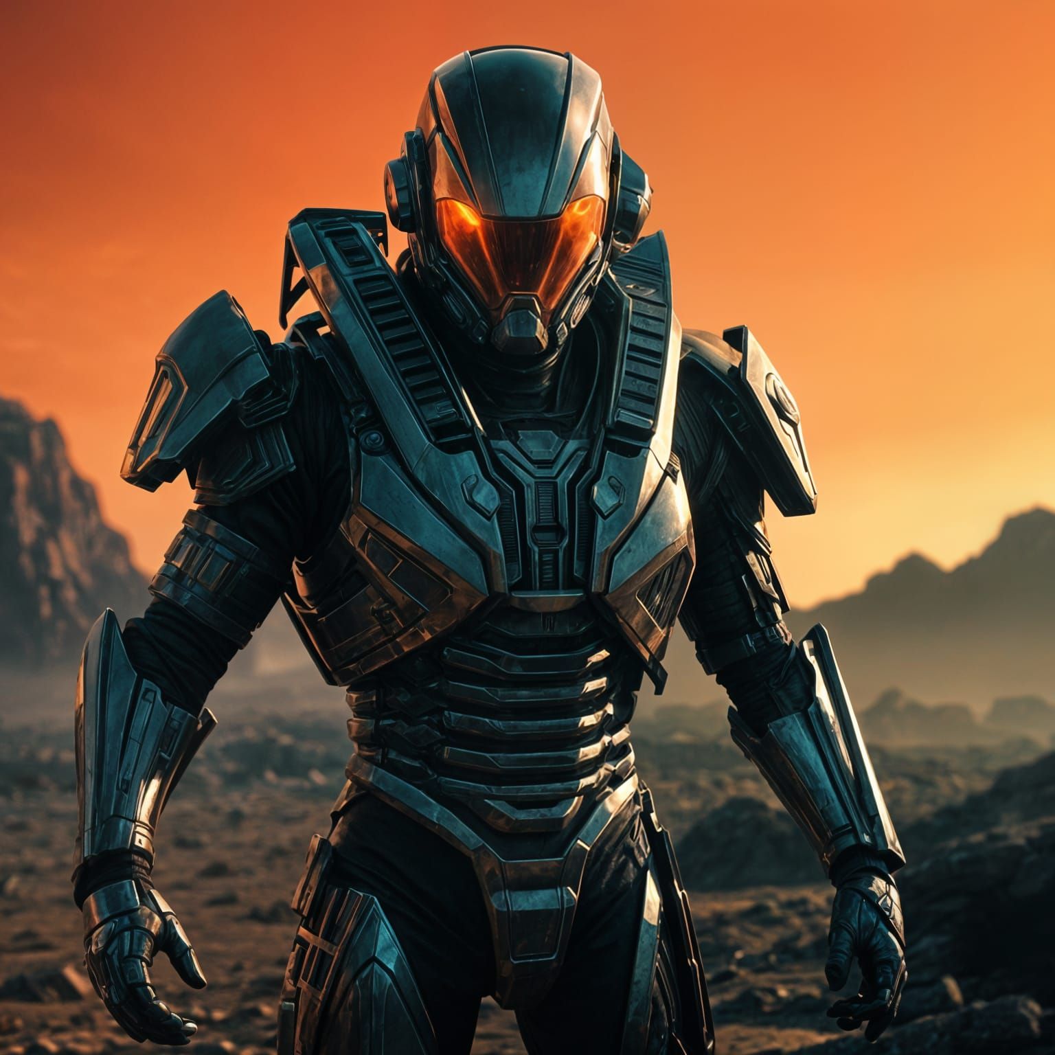 Alien Soldier in Futuristic Armor on Battlefield