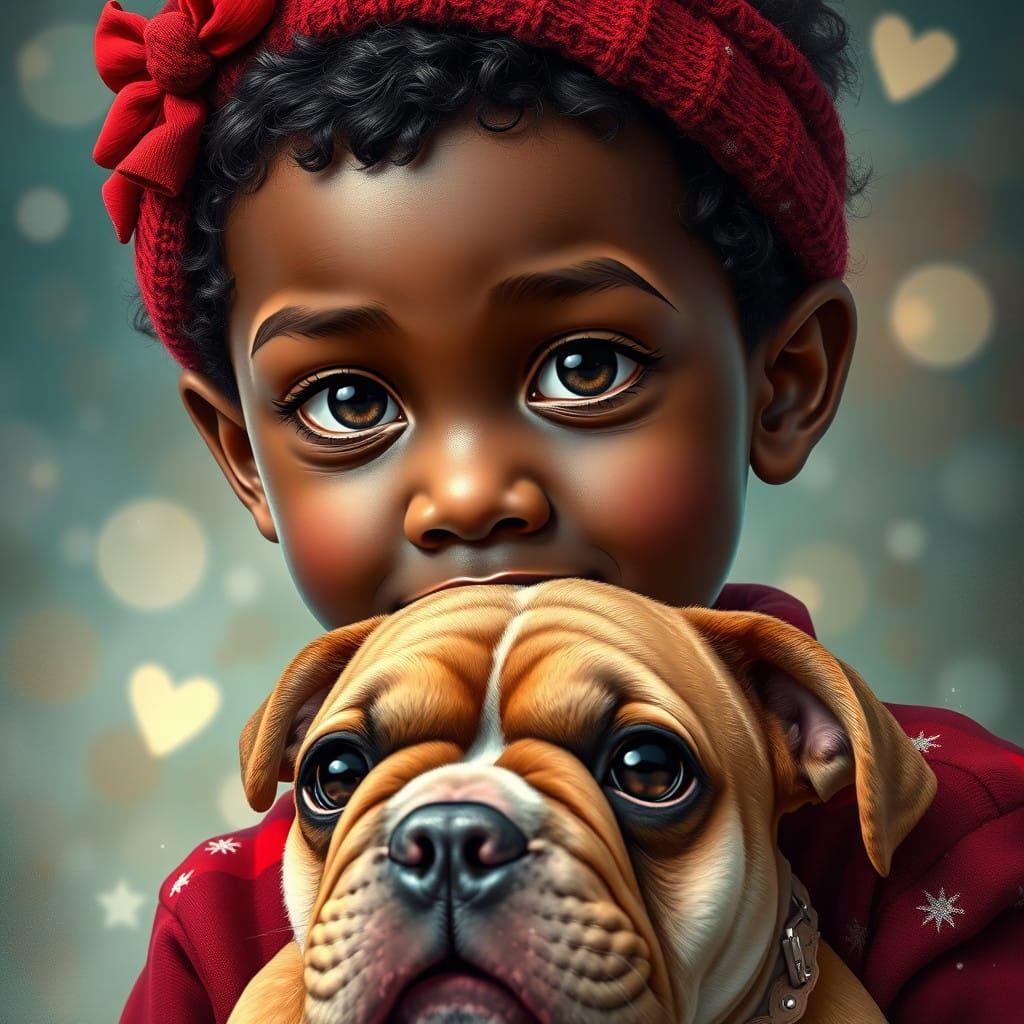 Joyful Christmas Moment of a Round-Faced Boy with His Loyal...