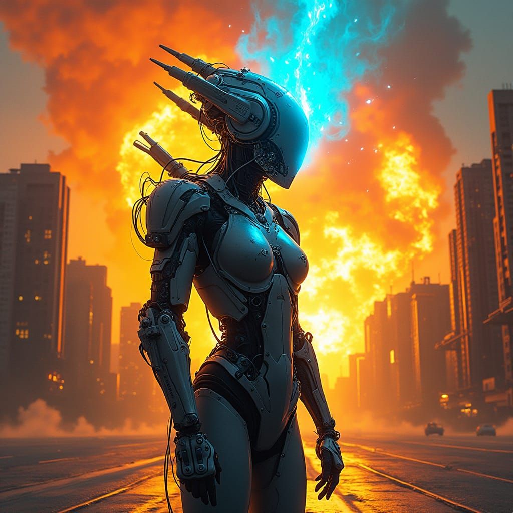Cybernetic Figure Amidst Neon Cityscape Explosion