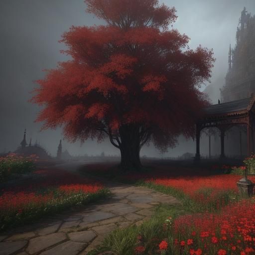 Fantastical Red Garden in Detailed Matte Painting Style