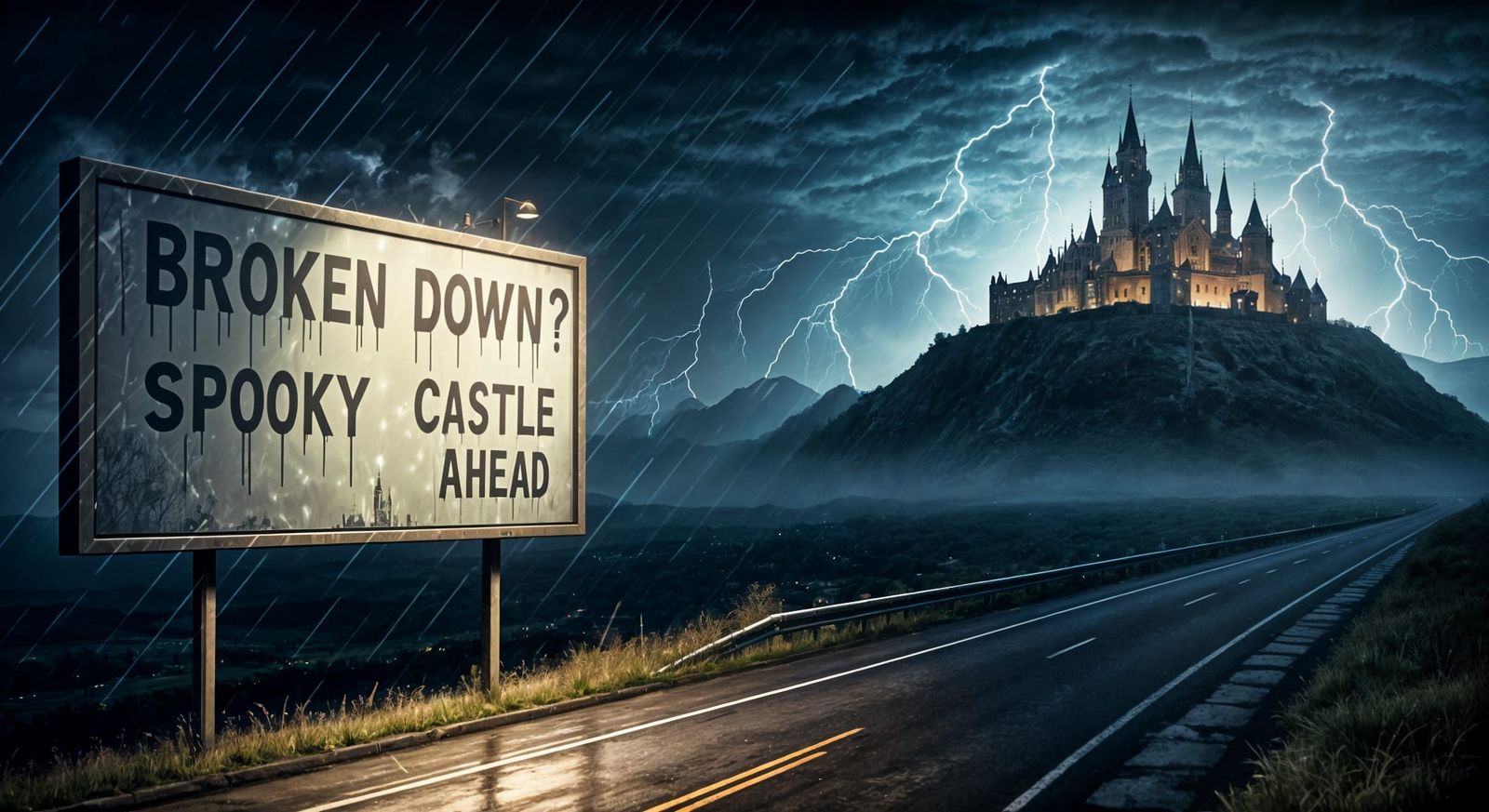 Stranded Traveler Approaches a Haunted Castle at Night