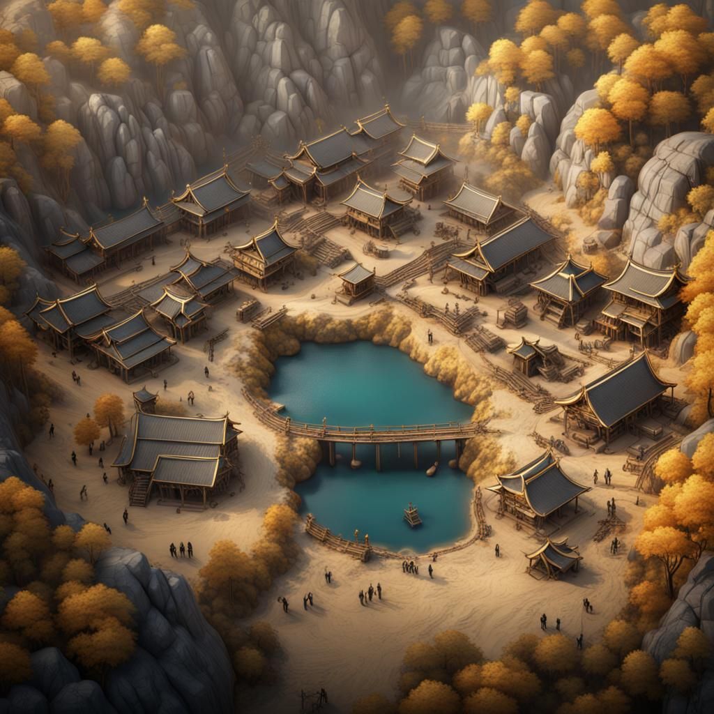 Aerial View of a Giant Gold Quarry with Japanese Huts