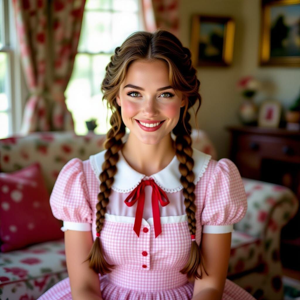 Beautiful Woman in Pink Gingham Dress