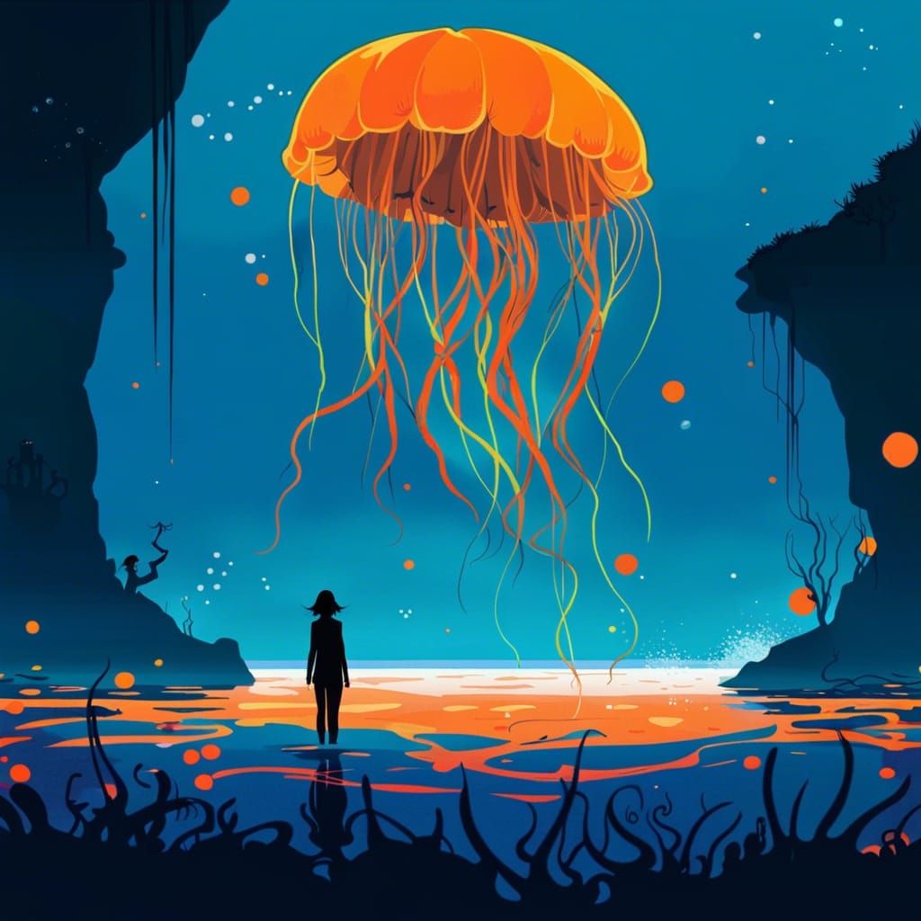 Jellyfish in Underwater City: Minimalist Vector Art