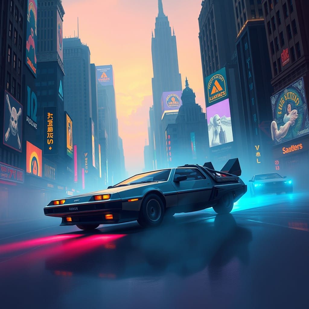 Futuristic Vehicle in Neon Cityscape, Retro-Futurism