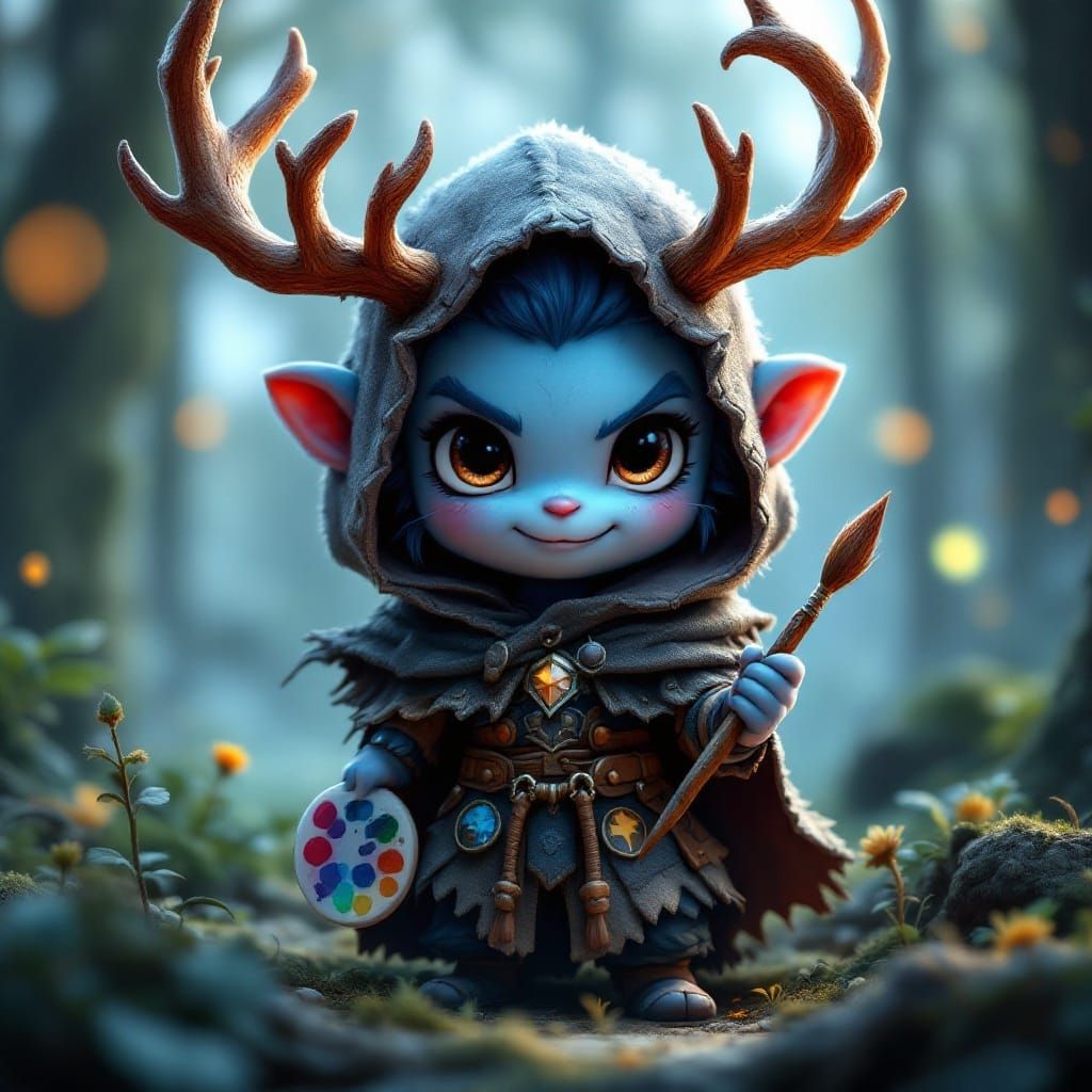 Chibi Druid Warrior in Dreamy Forest Landscape