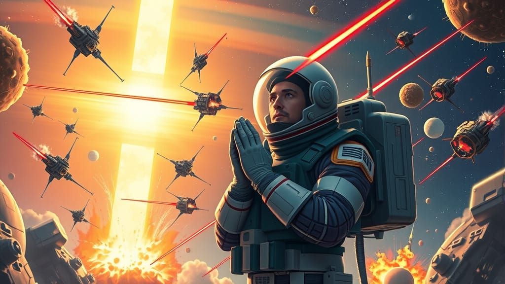Astronaut Prayer Amidst Explosive Galaxy Battle