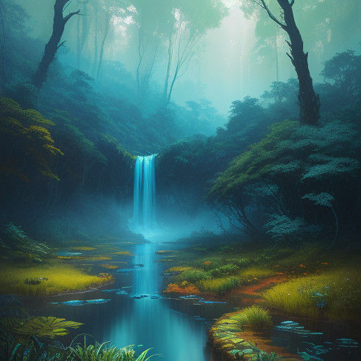 Mystical Forest Oasis in Vibrant Oil Painting Style