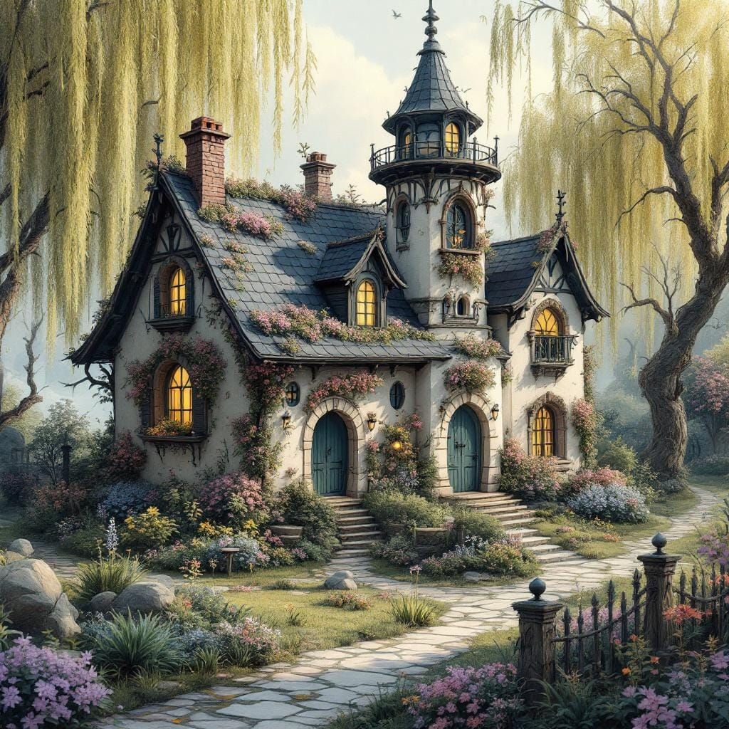 Gothic Cottage with Weeping Willows in Watercolor Style