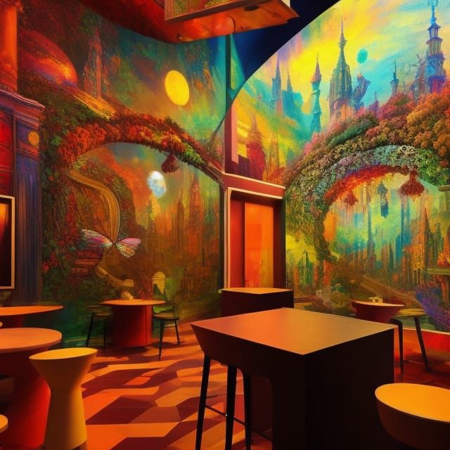 Psychedelic Cafe Scene with Artists, Digital Art
