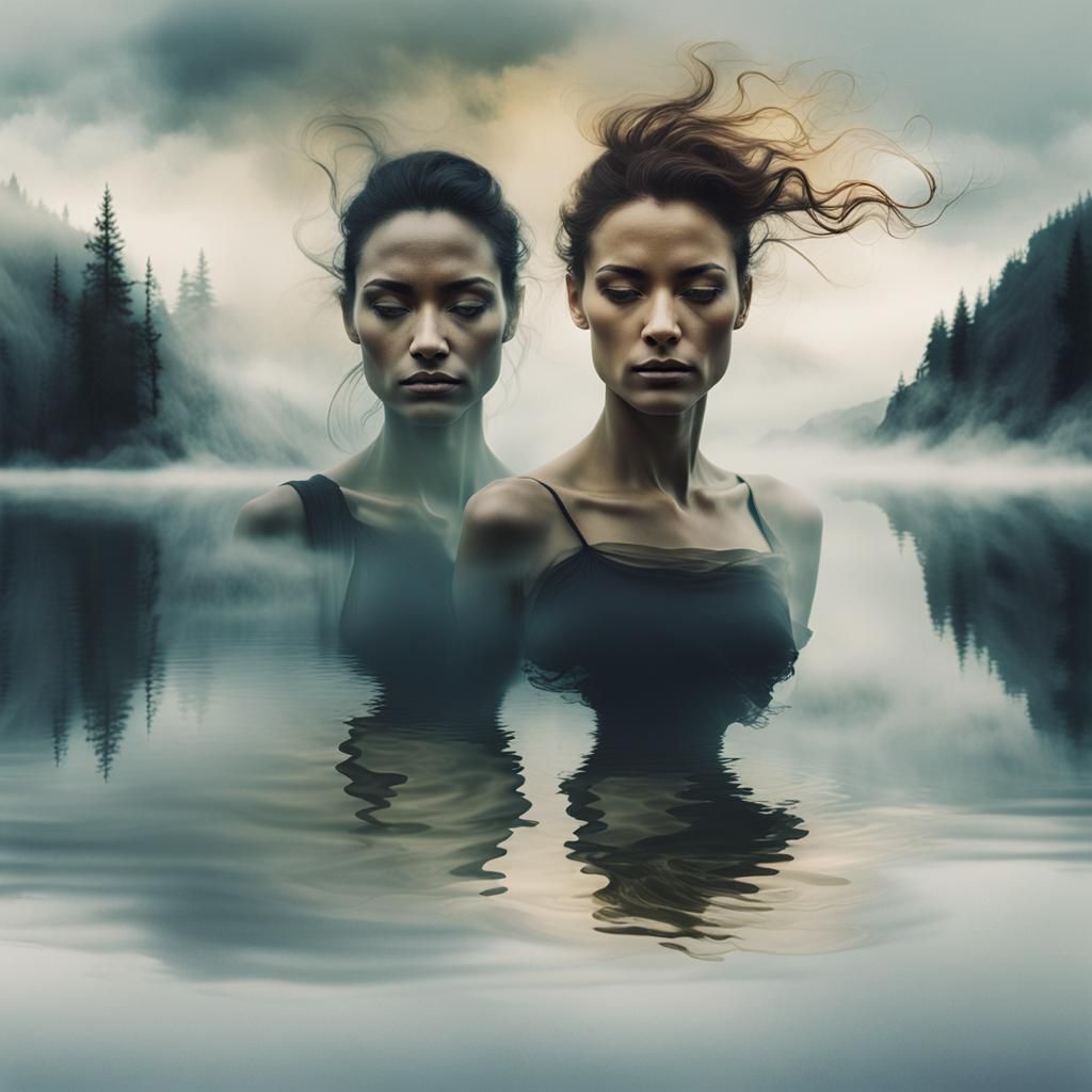 Dreamy Double Exposure of Woman Above Serene Lake