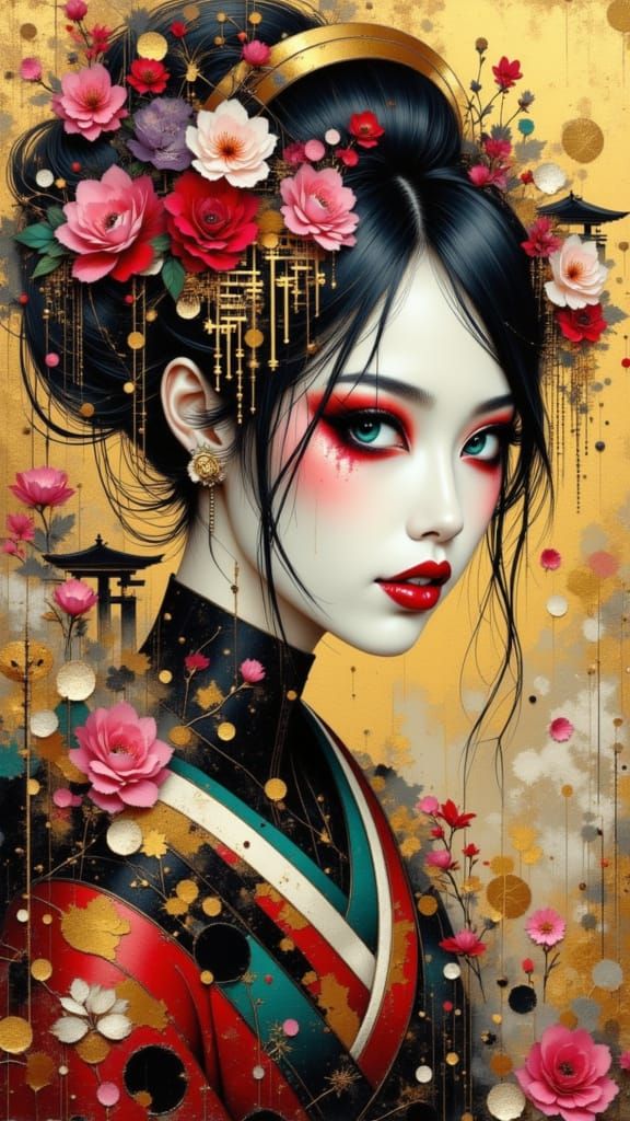 Geisha Empress Adorned with Sakura Blossoms in Abstract Fant...