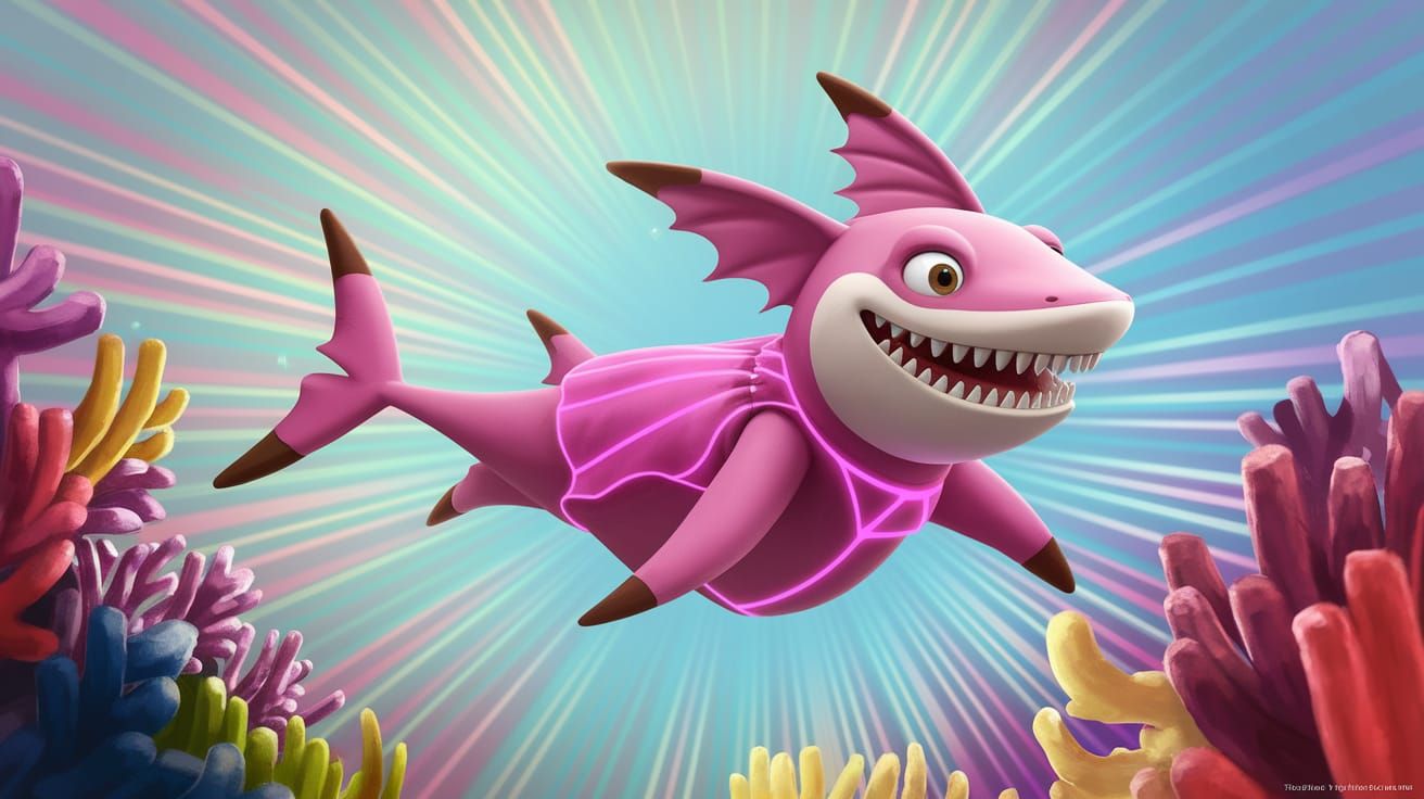Whimsical Pixar-Style Shark-Tailed Creature in Coral Reef