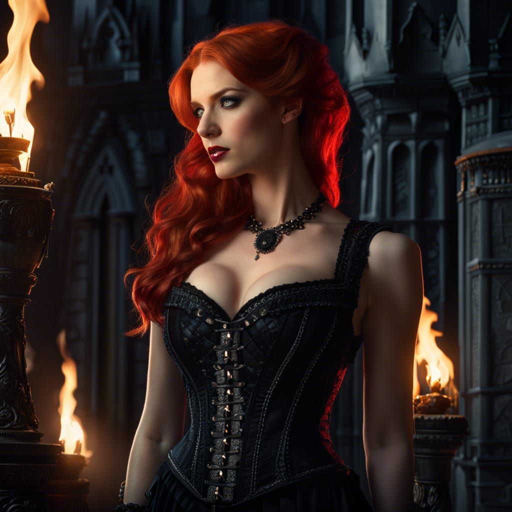 Redheaded Vampire at Gothic Castle, Hyperrealistic Style