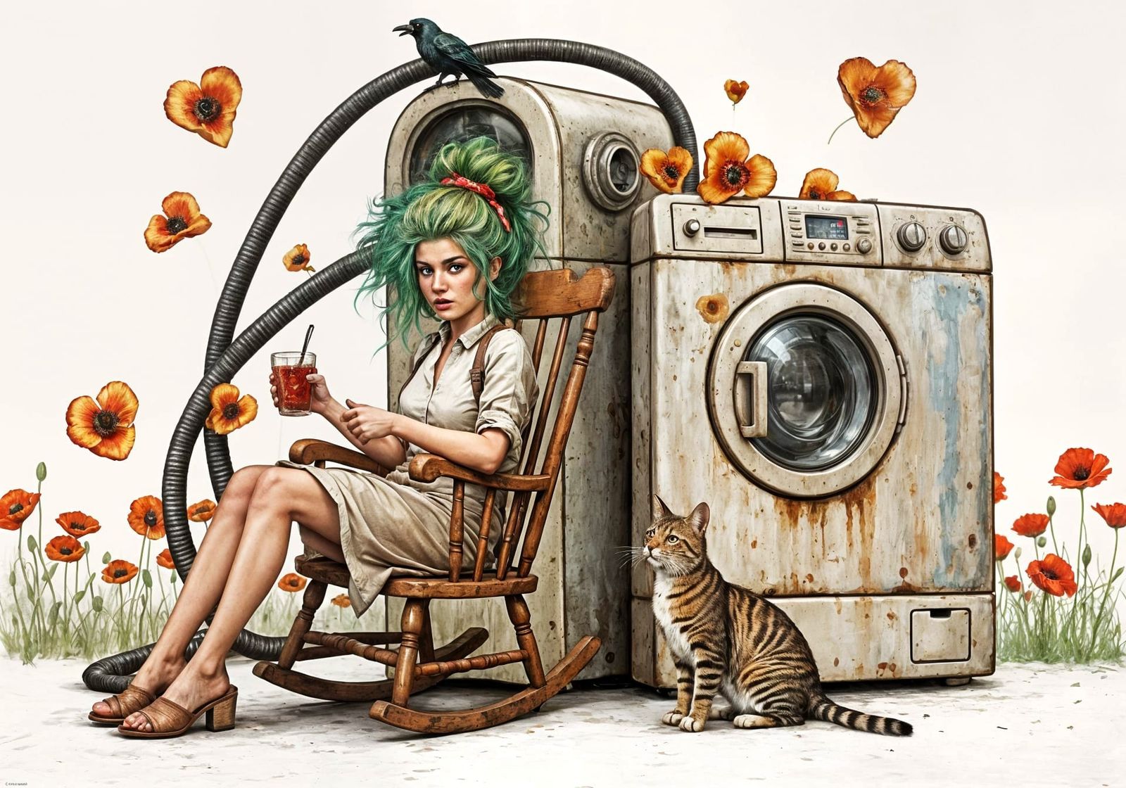 Surreal Toaster Machine with Woman and Cat, in Abstract Expr...